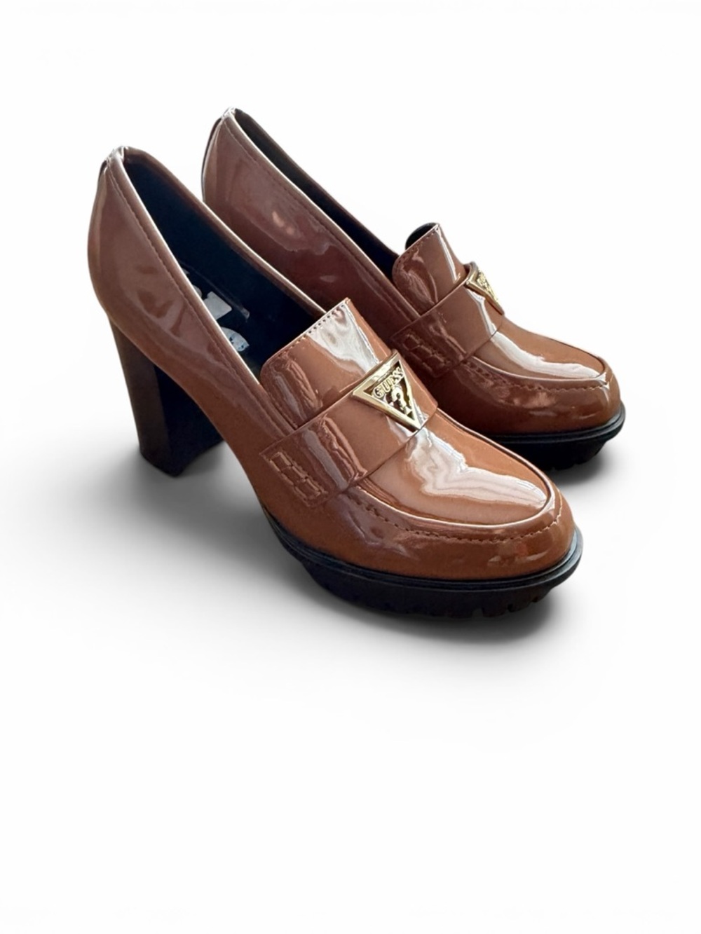 Guess Patent Leather Chunky Heel Loafers in Brown with Gold Accent